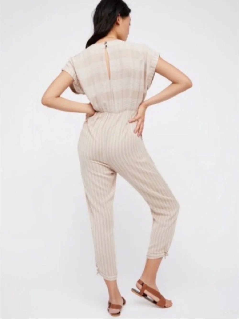 **NWT** Free People Neutral Striped V-Neck Jumpsuit Sz S pockets rolled Sleeve